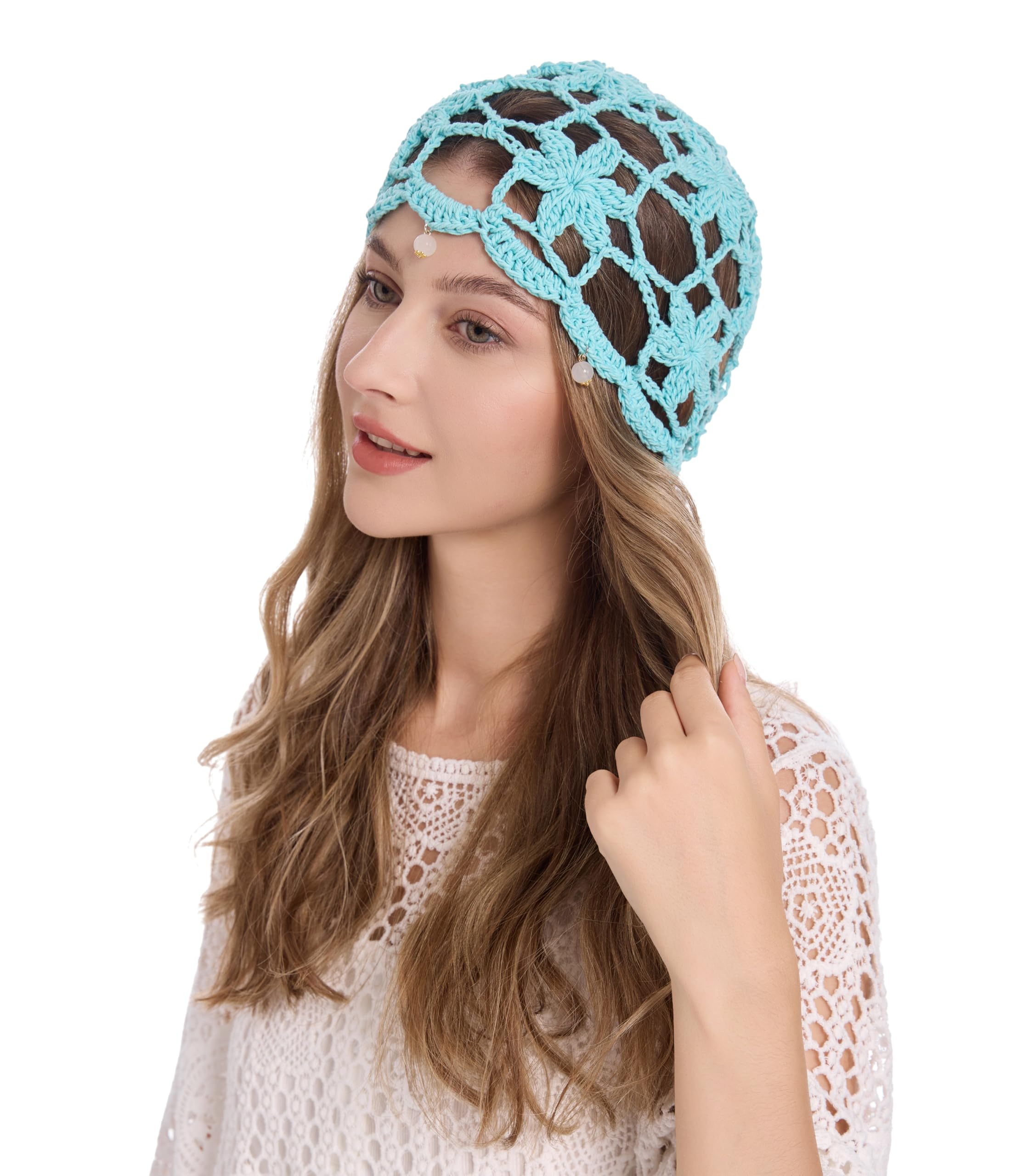 Light blue openwork crochet flower knitted hat - Image 5