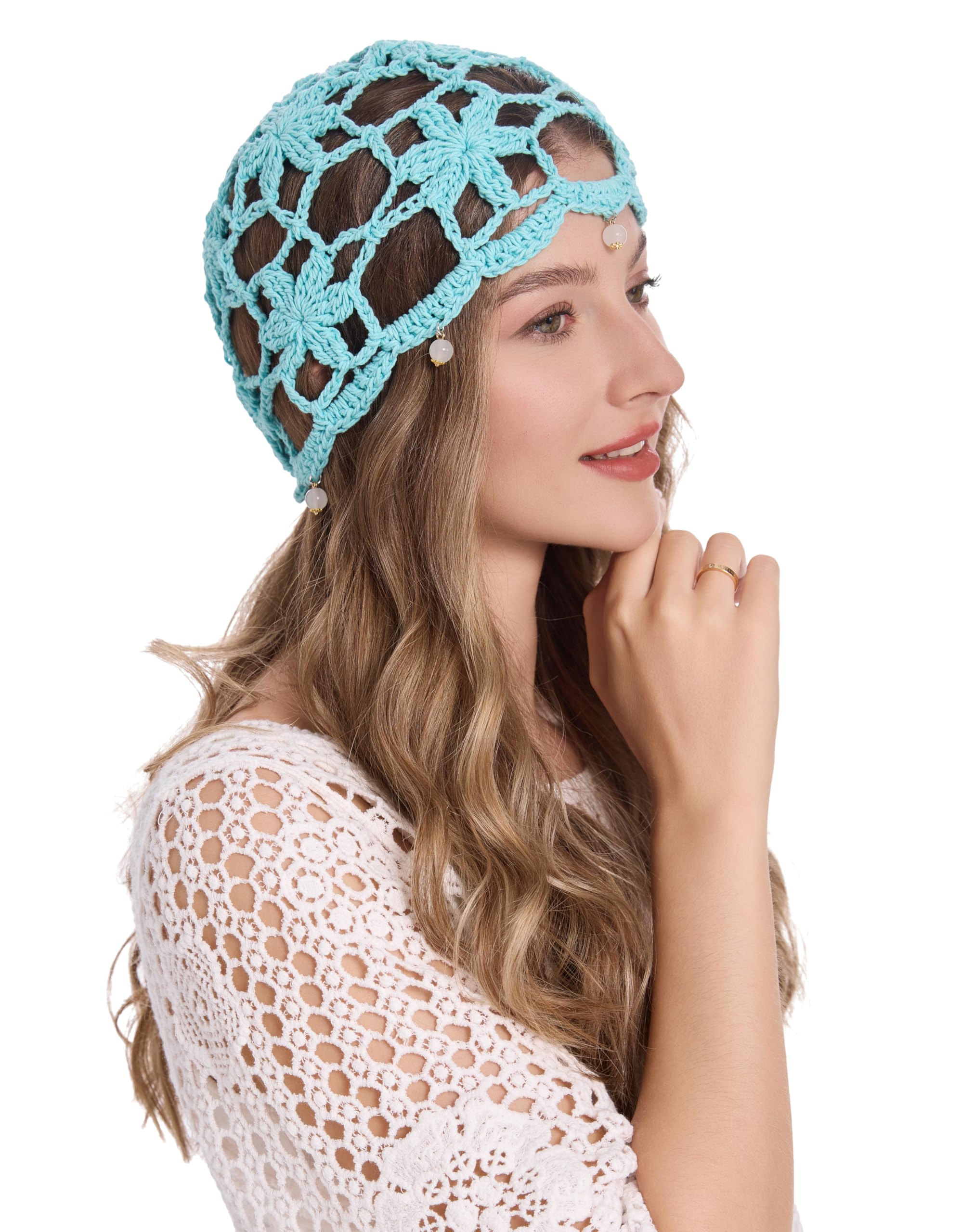 Light blue openwork crochet flower knitted hat - Image 4