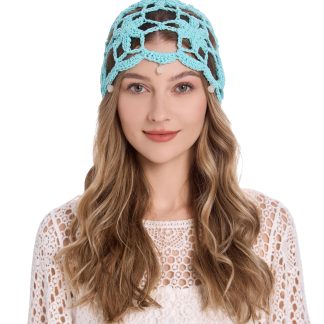 Light blue openwork crochet flower knitted hat