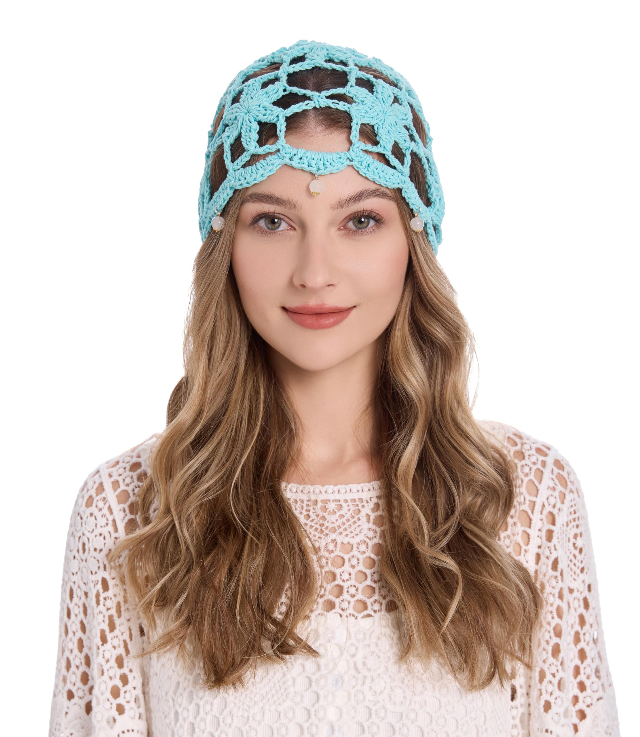 Light blue openwork crochet flower knitted hat