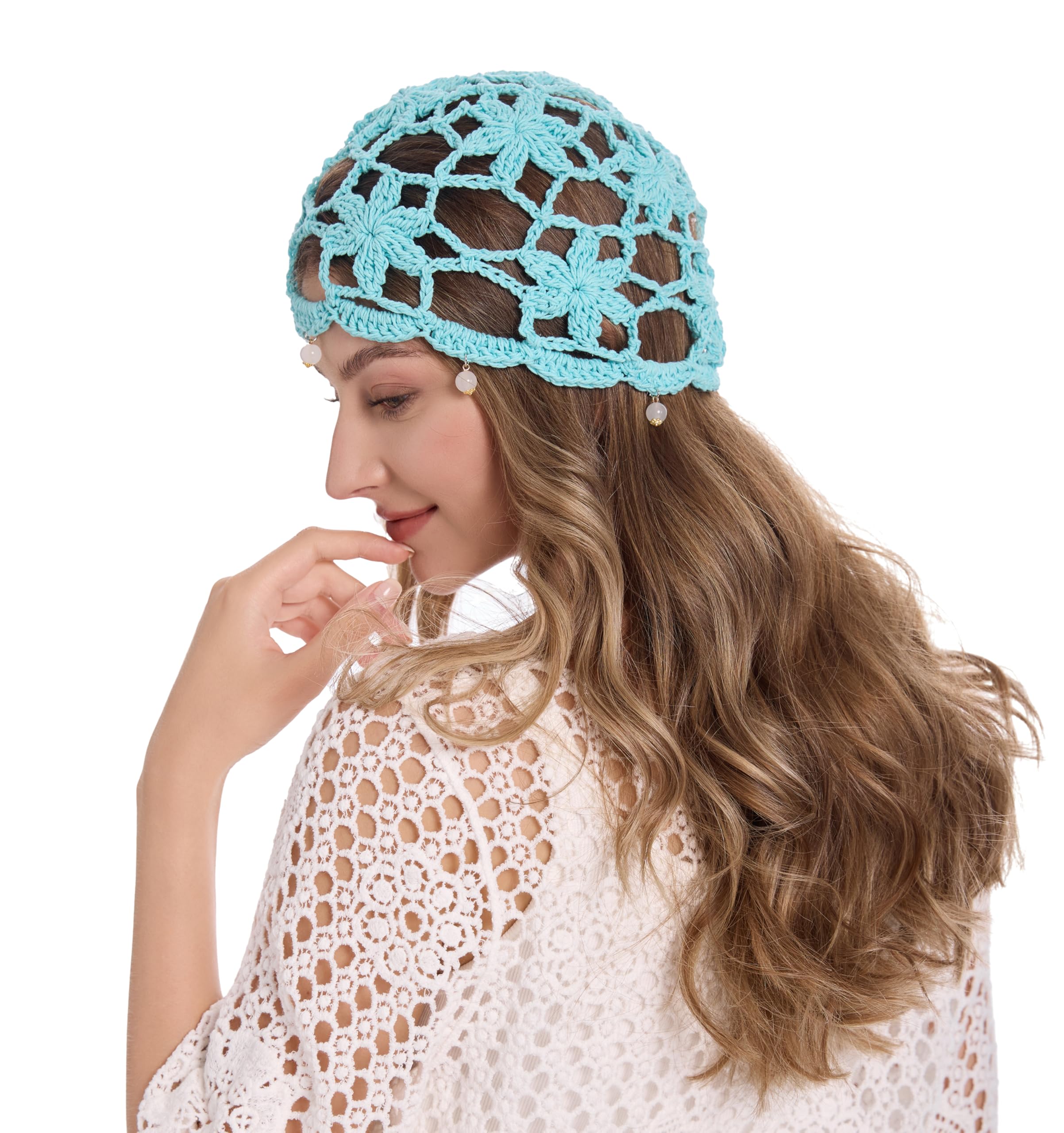 Light blue openwork crochet flower knitted hat - Image 2
