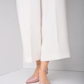 Light pink satin pointed-toe ankle strap flats