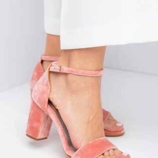 Light pink velvet ankle strap chunky heel sandals