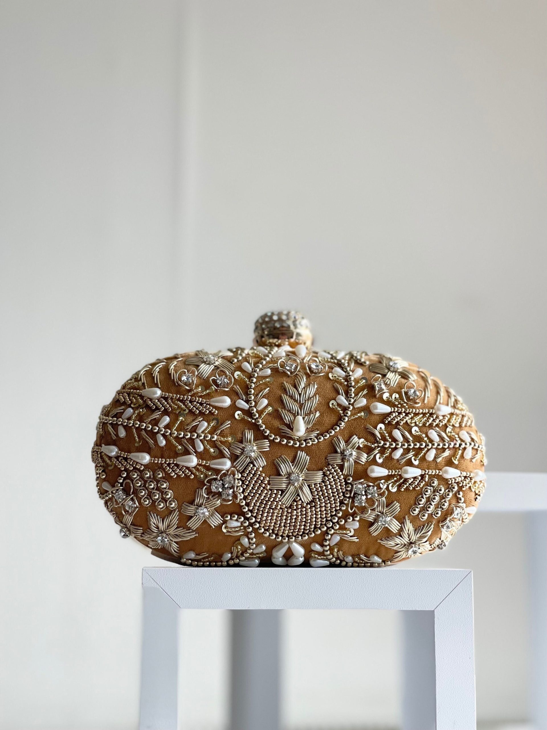 Embroidered gold beaded floral clutch