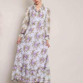 Misty Purple Rose Floral Chiffon Maxi Dress