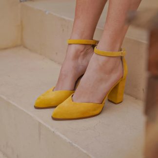 Mustard yellow suede ankle strap chunky heels