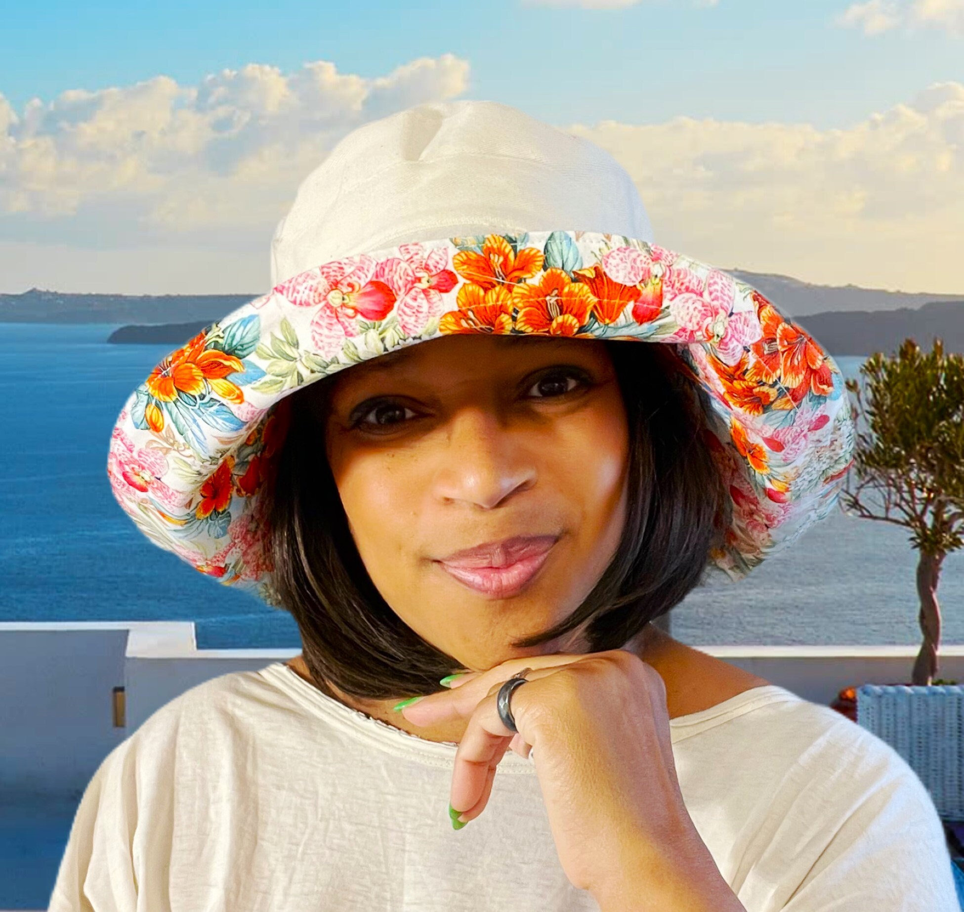 Tropical floral print wide-brimmed fisherman's hat