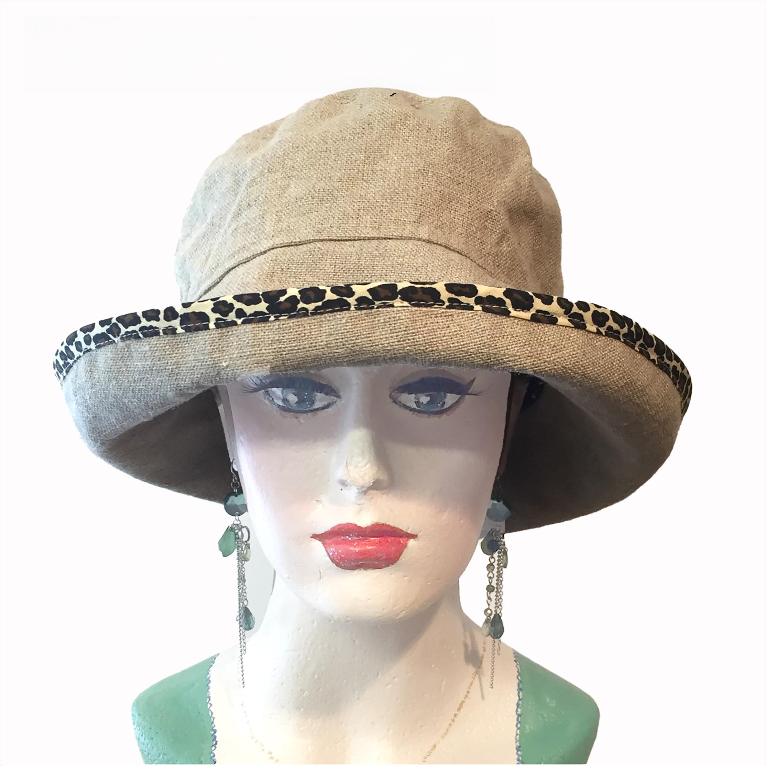 Natural linen sun hat with leopard print trim - Image 2