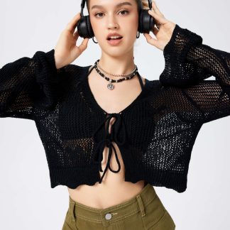 Black cardigan with tie.