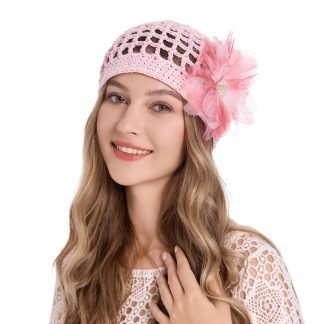 Pink crochet large flower knitted hat