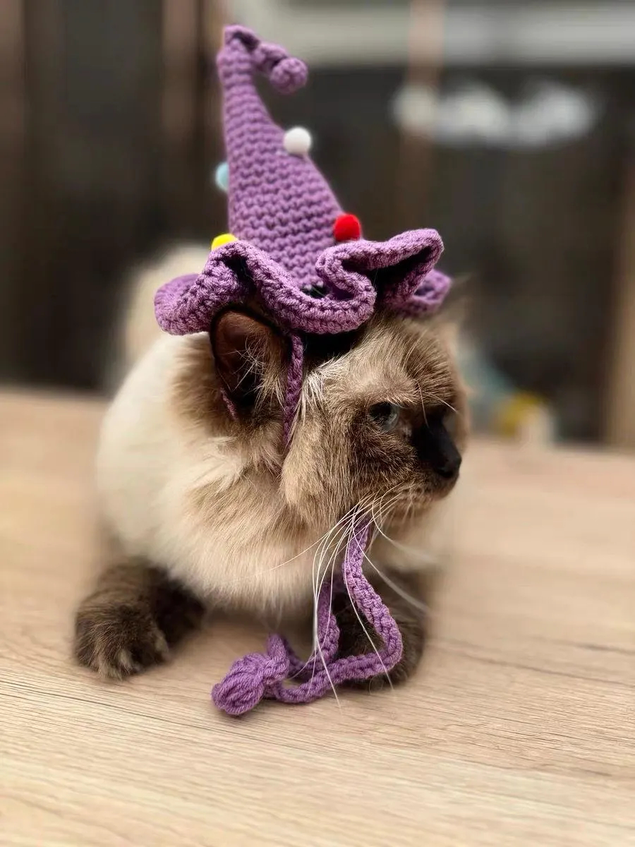 Purple Crochet Clown Hat Cat Headband - Image 2