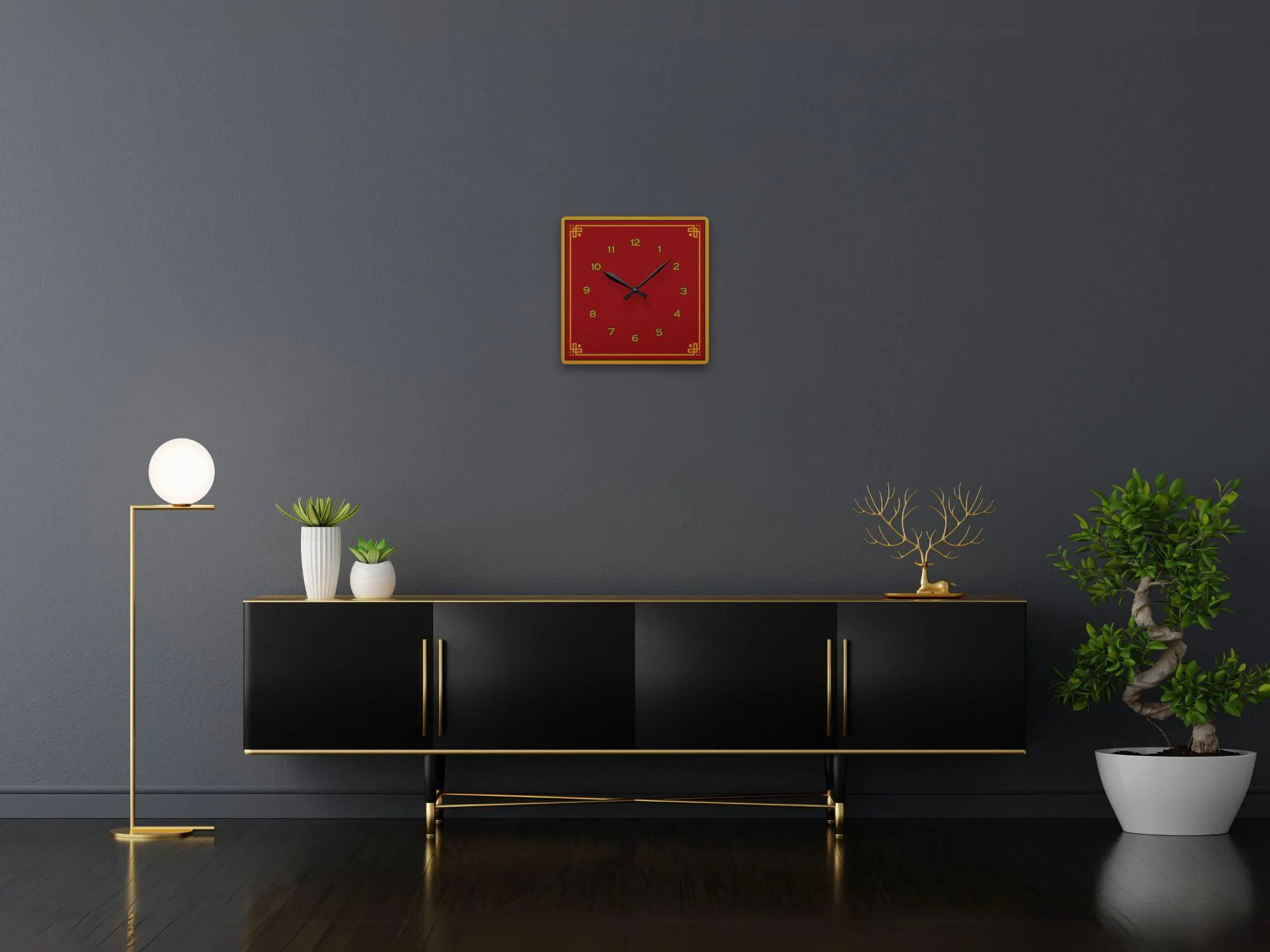 Retro Red and Gold Chinese Square Clock - Image 4