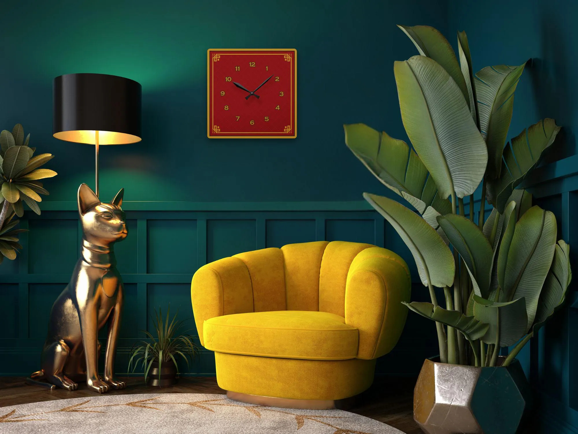 Retro Red and Gold Chinese Square Clock - Image 2