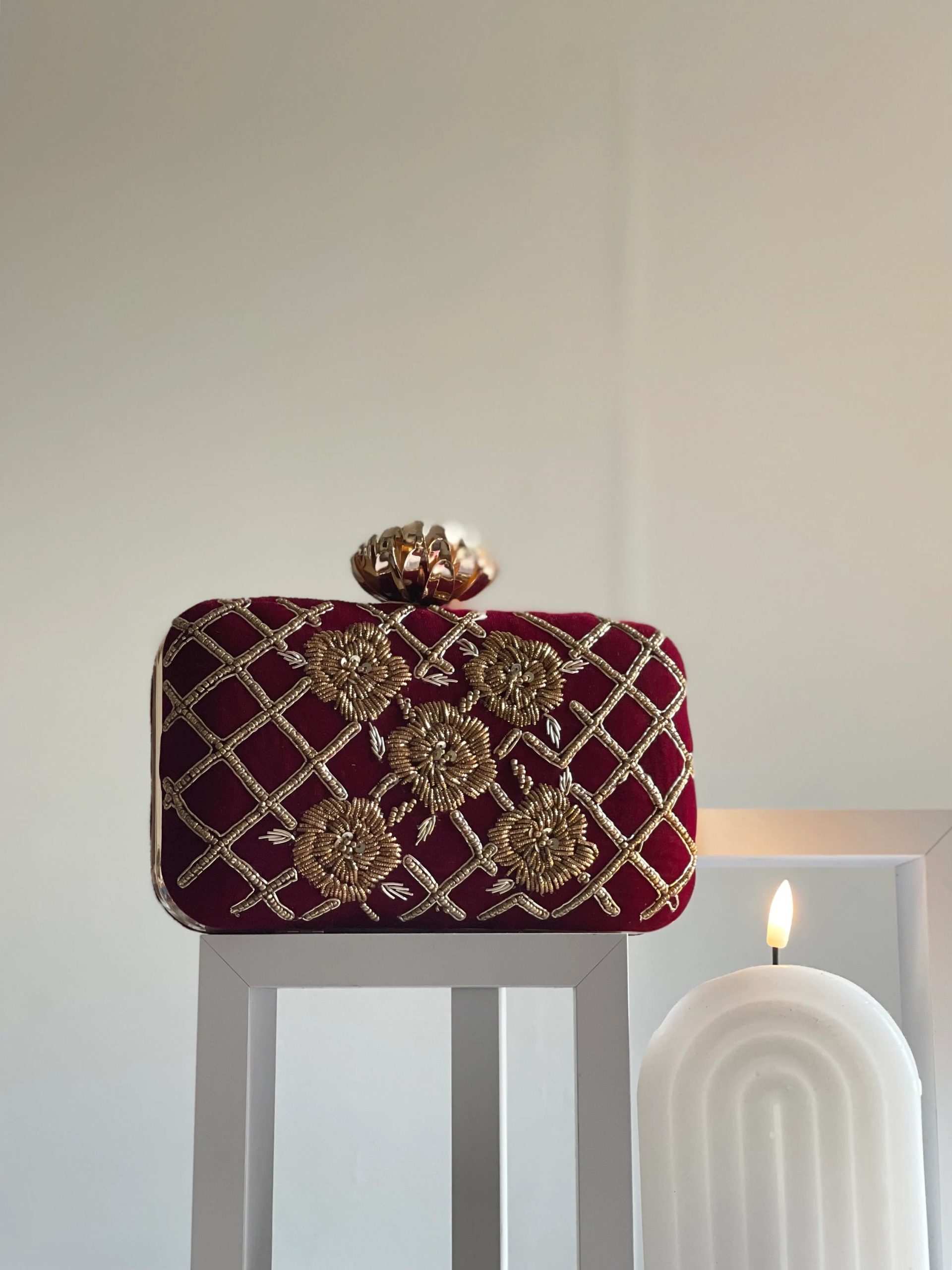 Embroidered Ruby Check Floral Handbag