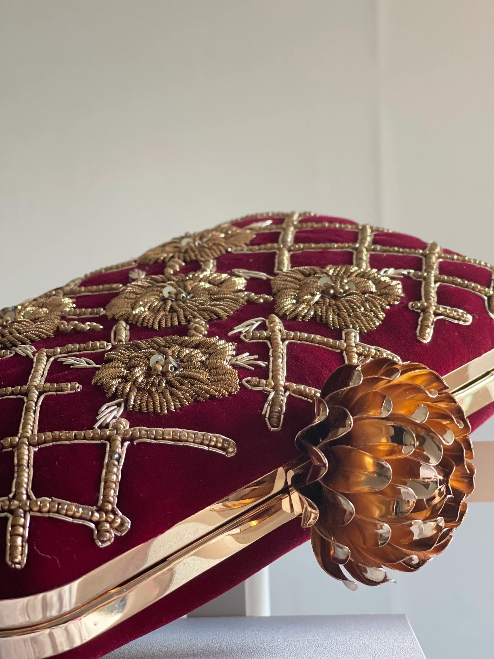 Embroidered Ruby Check Floral Handbag - Image 4