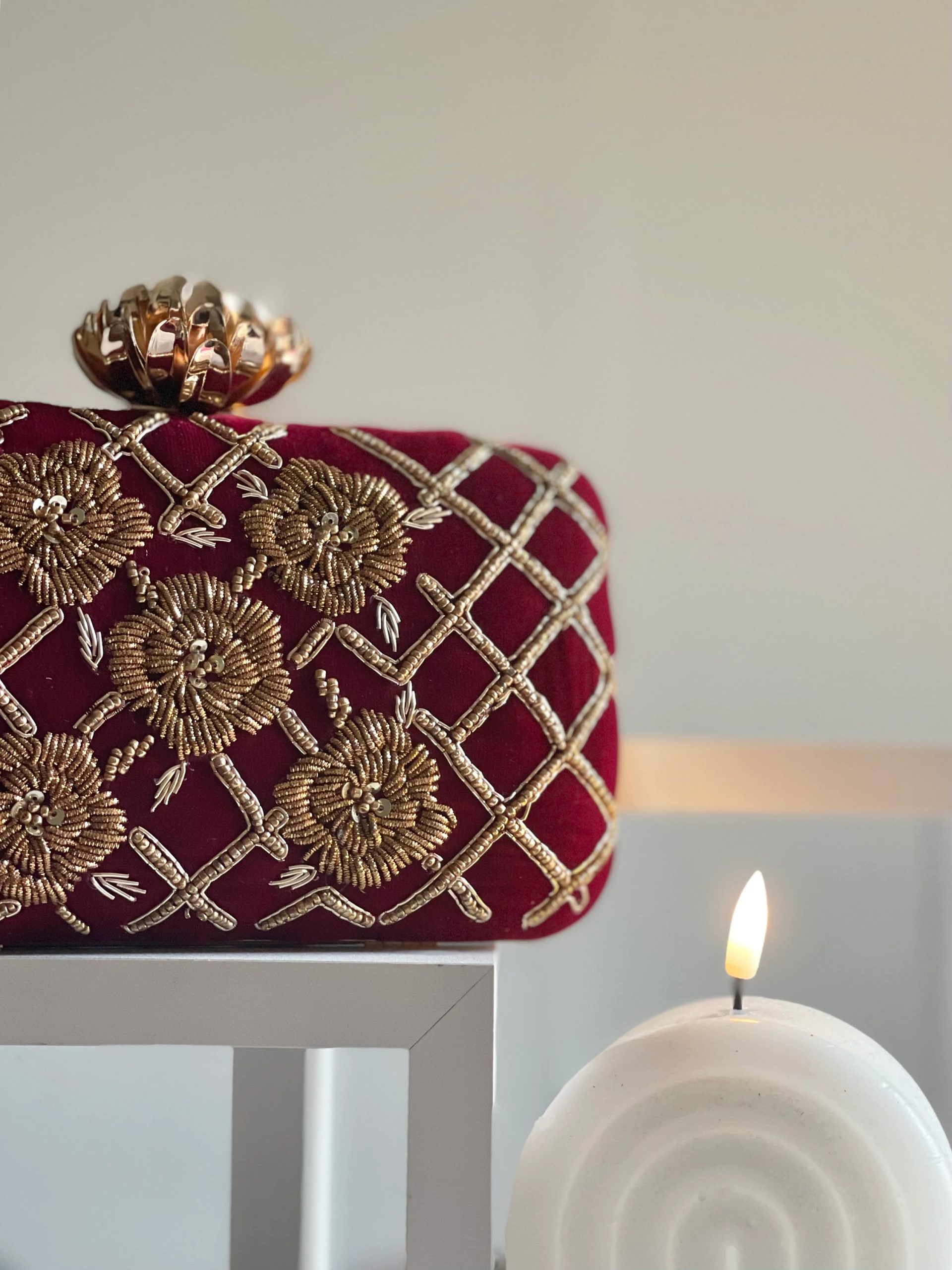 Embroidered Ruby Check Floral Handbag - Image 3