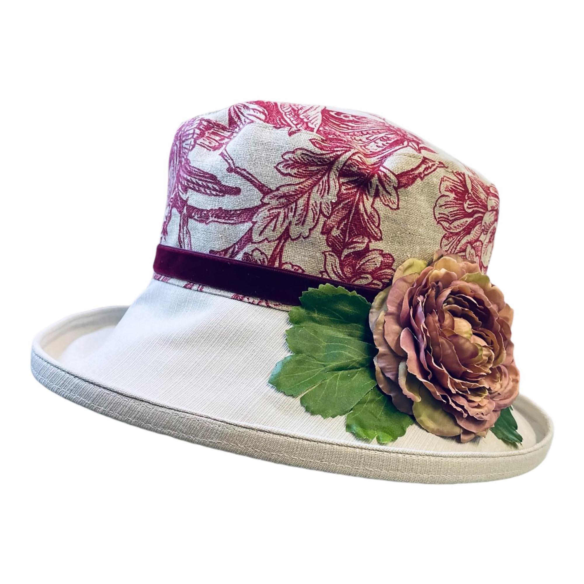 Retro red printed beige floral sun hat - Image 2