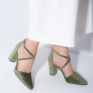 Sage-colored velvet cross-strap chunky heels