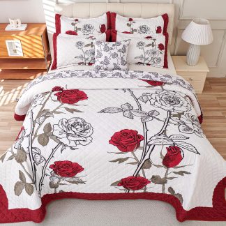 Scarlet Rose Sketch Three-Piece Quilt Set