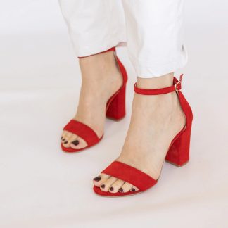 Scarlet suede ankle strap chunky heel sandals