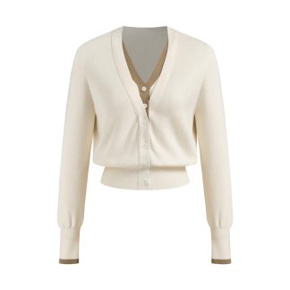 Cream-colored faux layered trim V-neck cardigan