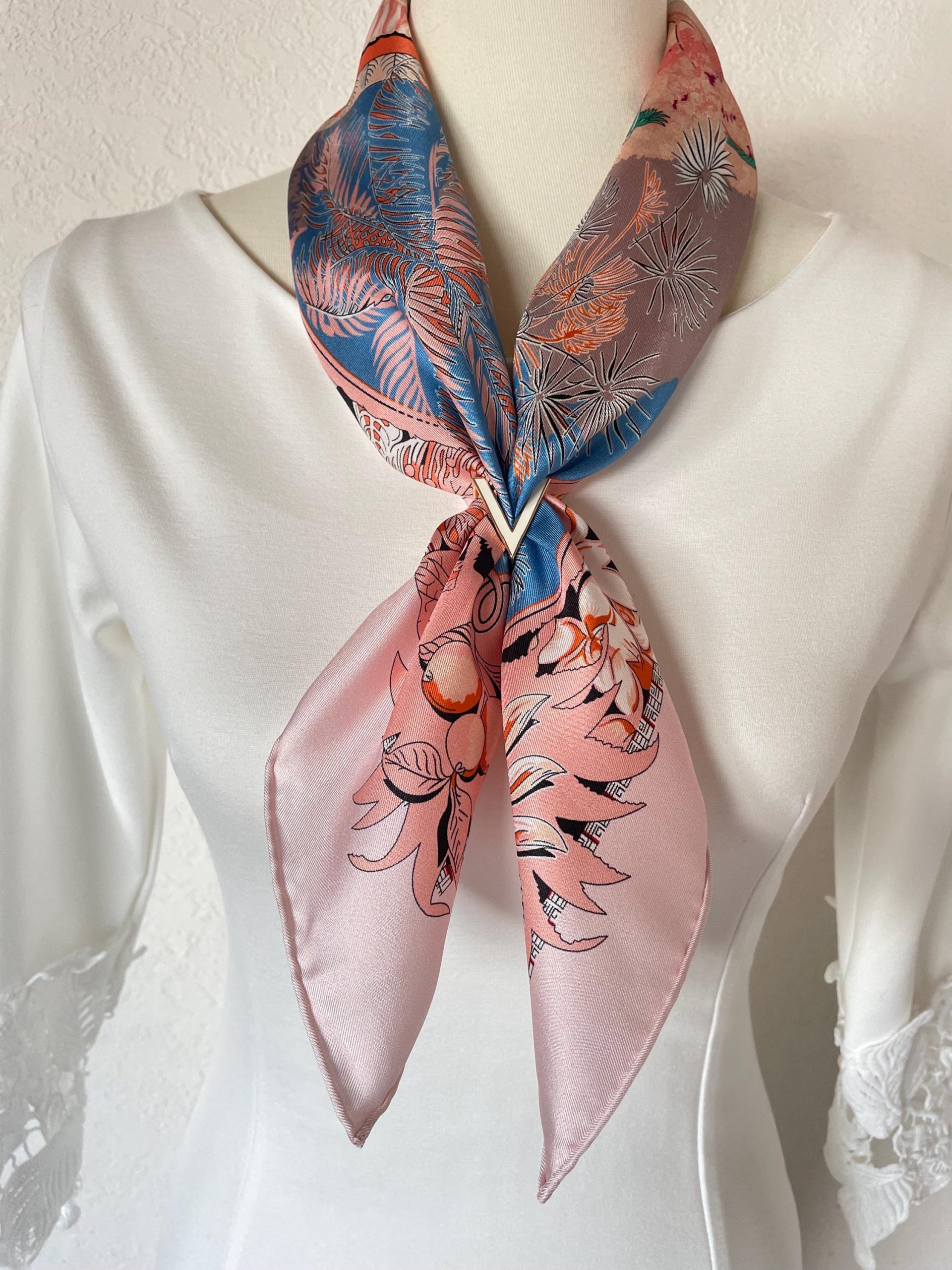 Soft pink floral patterned square scarf - Image 8