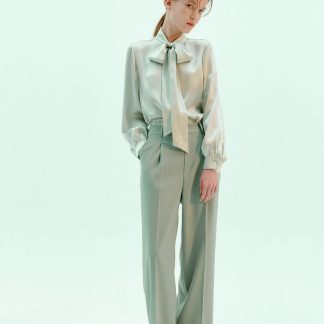 Mint green satin bow shirt