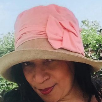 Two-tone pink and natural linen floral sun hat