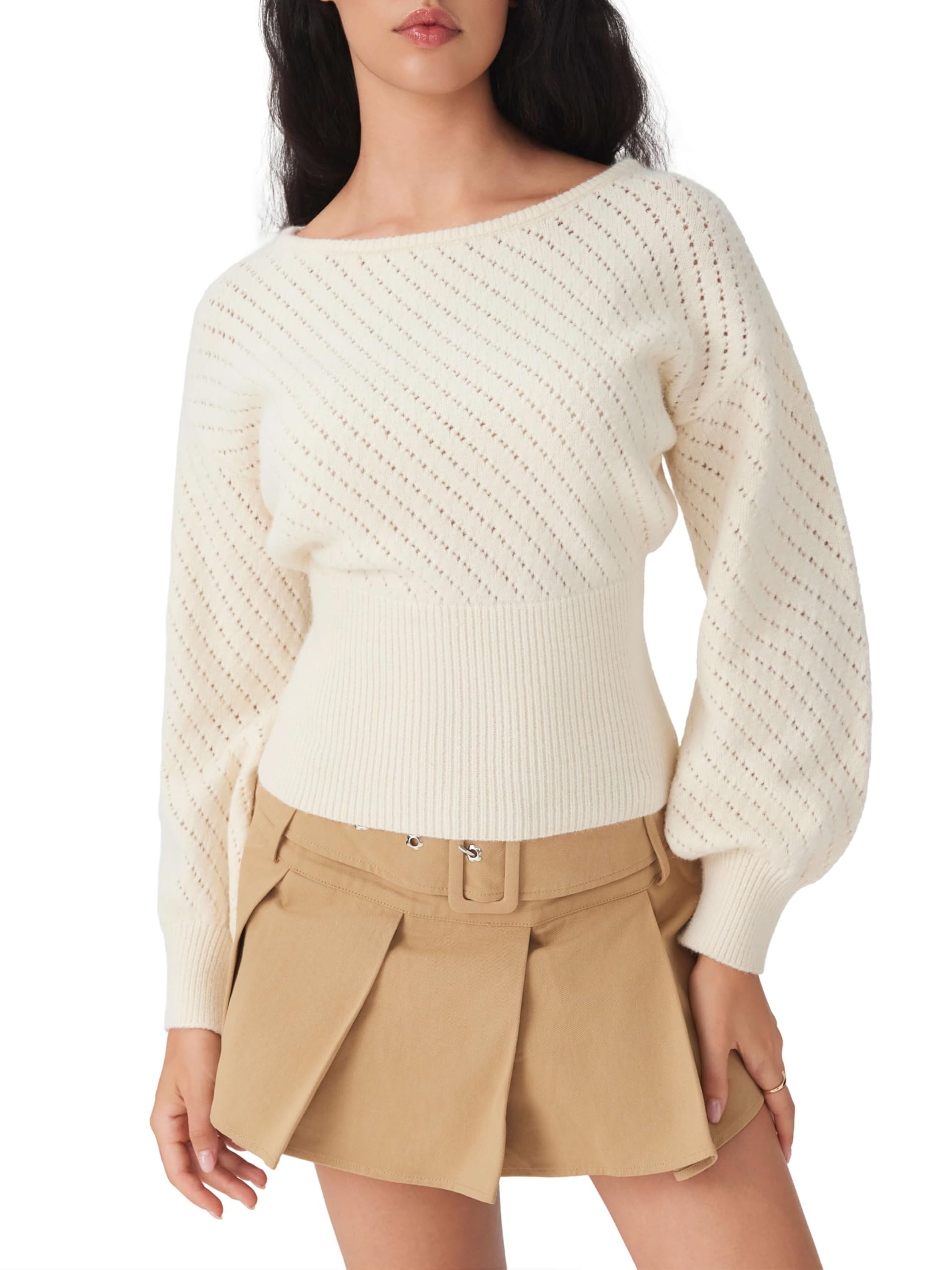 Puff-sleeved openwork knit sweater