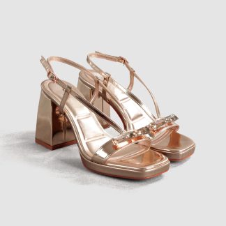 Rose gold shiny square-heeled bow sandals