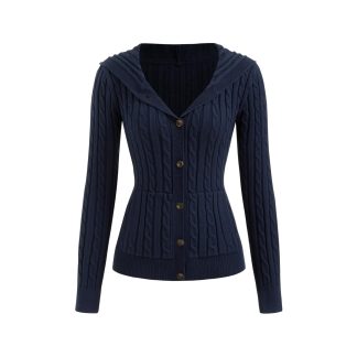 Navy blue cable knit hooded cardigan