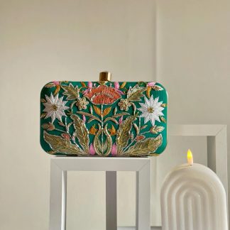Embroidered Green Plant Evening Handbag