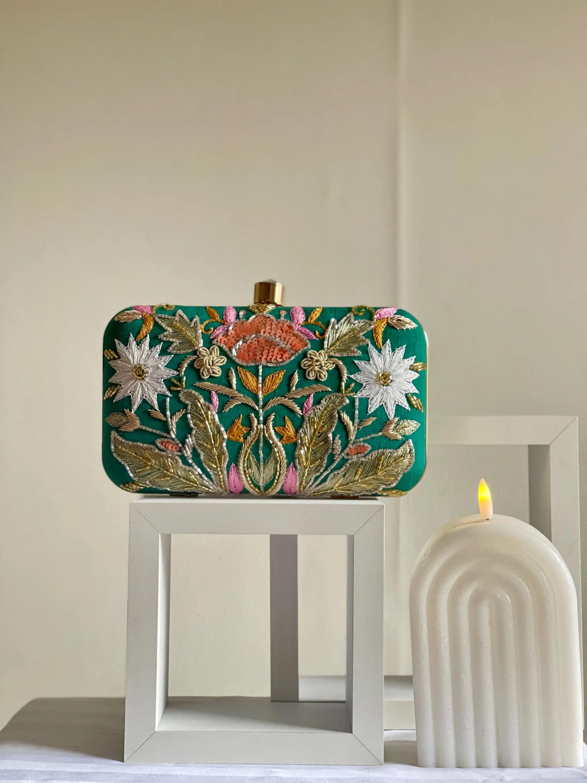 Embroidered Green Plant Evening Handbag