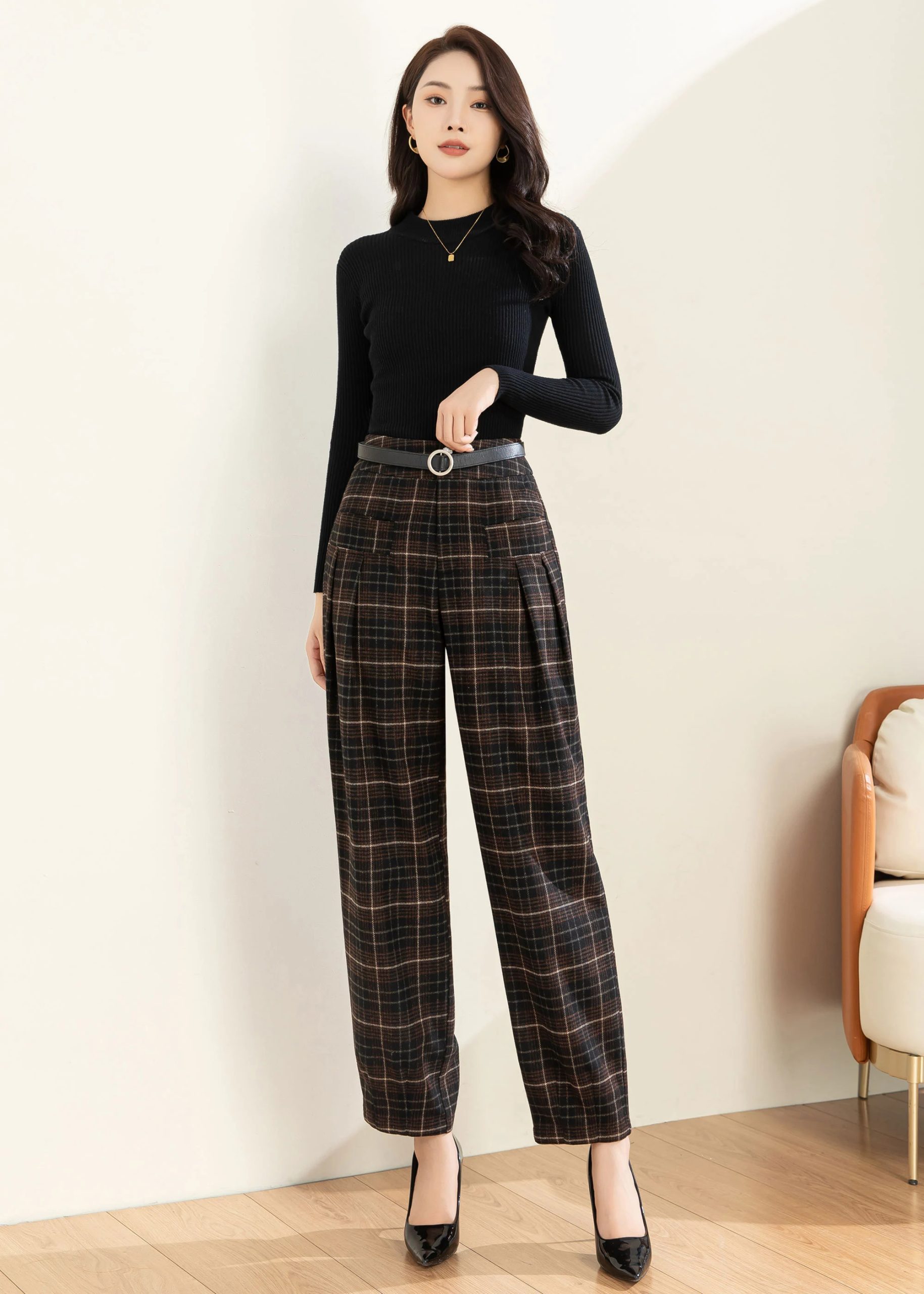Women's high-waisted plaid wide-leg pants - Image 7