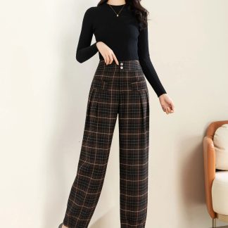 Women's high-waisted plaid wide-leg pants