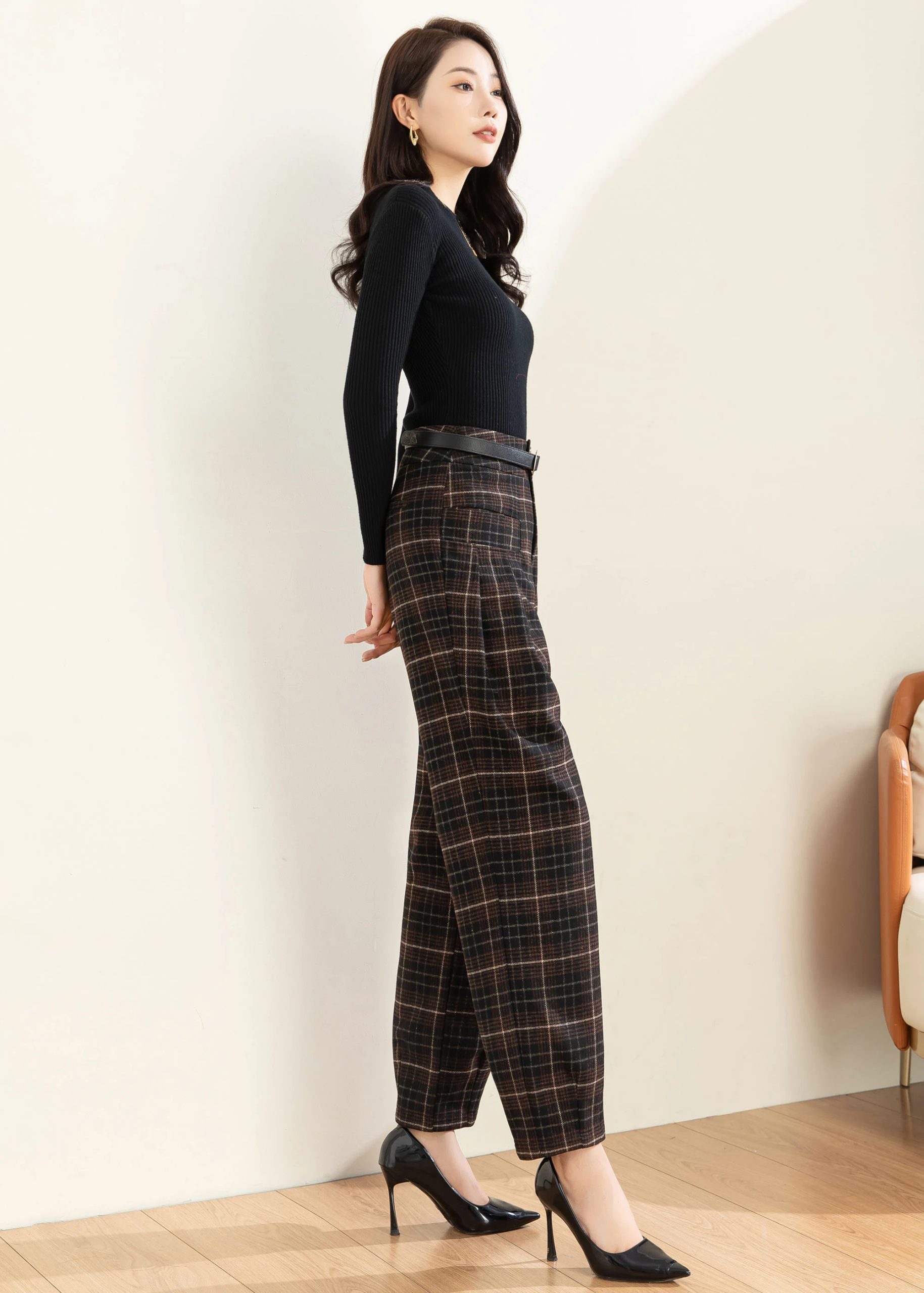 Women's high-waisted plaid wide-leg pants - Image 5