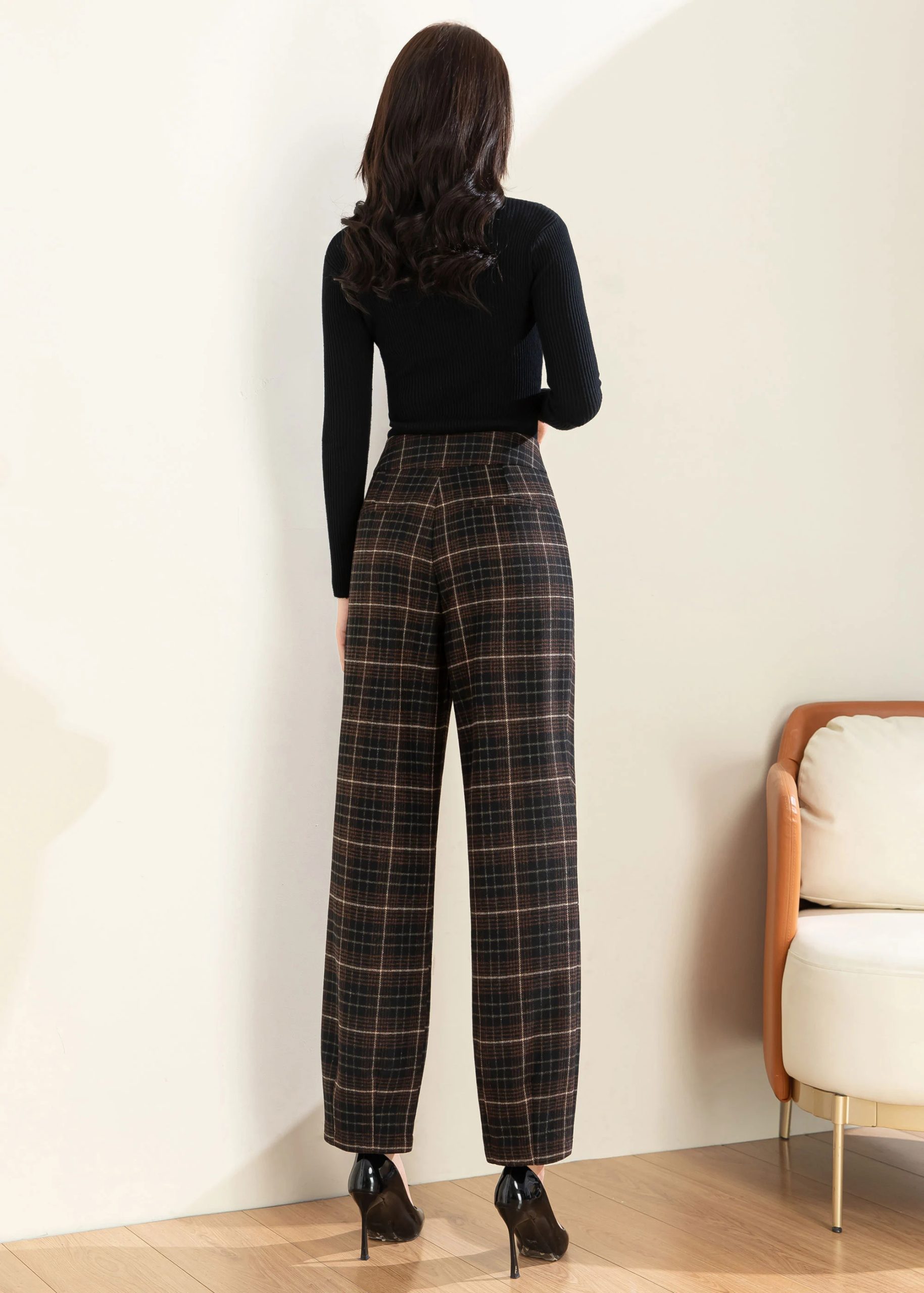 Women's high-waisted plaid wide-leg pants - Image 4