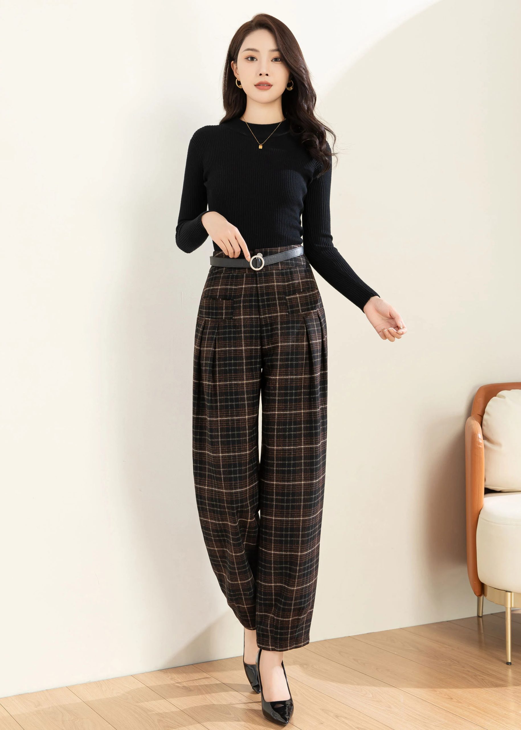 Women's high-waisted plaid wide-leg pants - Image 3