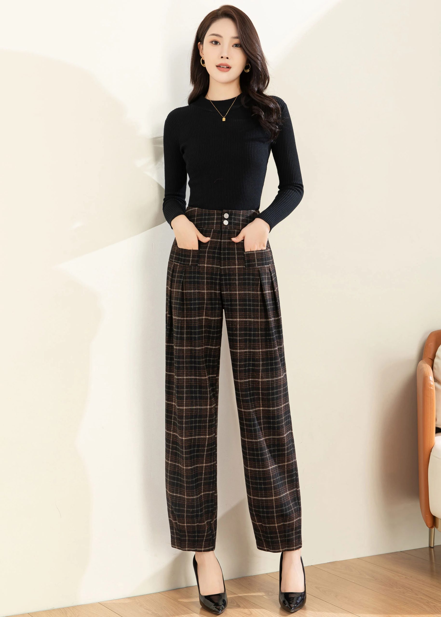 Women's high-waisted plaid wide-leg pants - Image 2