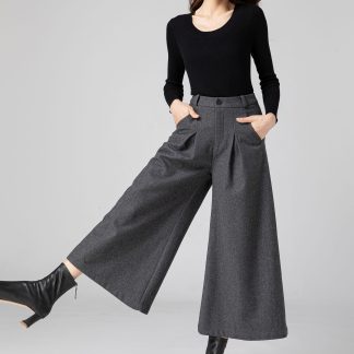 Gray wool high-waisted wide-leg pants for women
