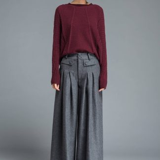 High-waisted double-button wool wide-leg trousers