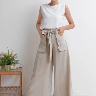 Women's linen blend high-waisted wide-leg pants