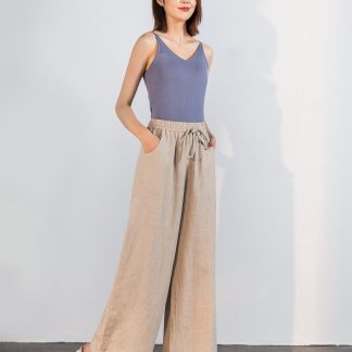 Women's linen drawstring wide-leg pants