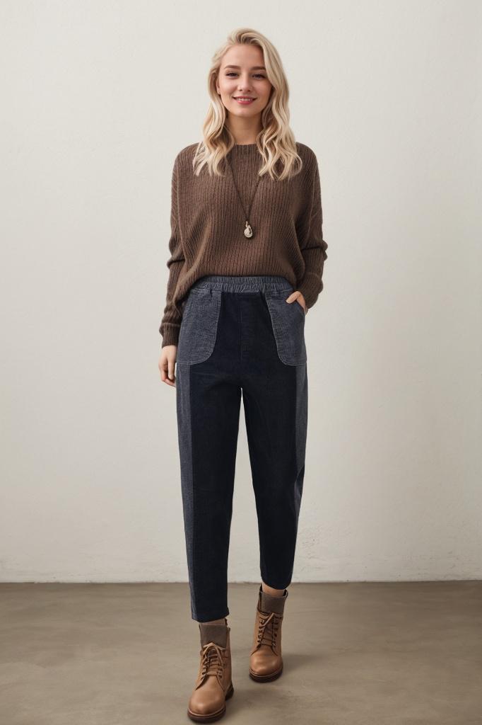 Women's patchwork corduroy tapered trousers - Image 8