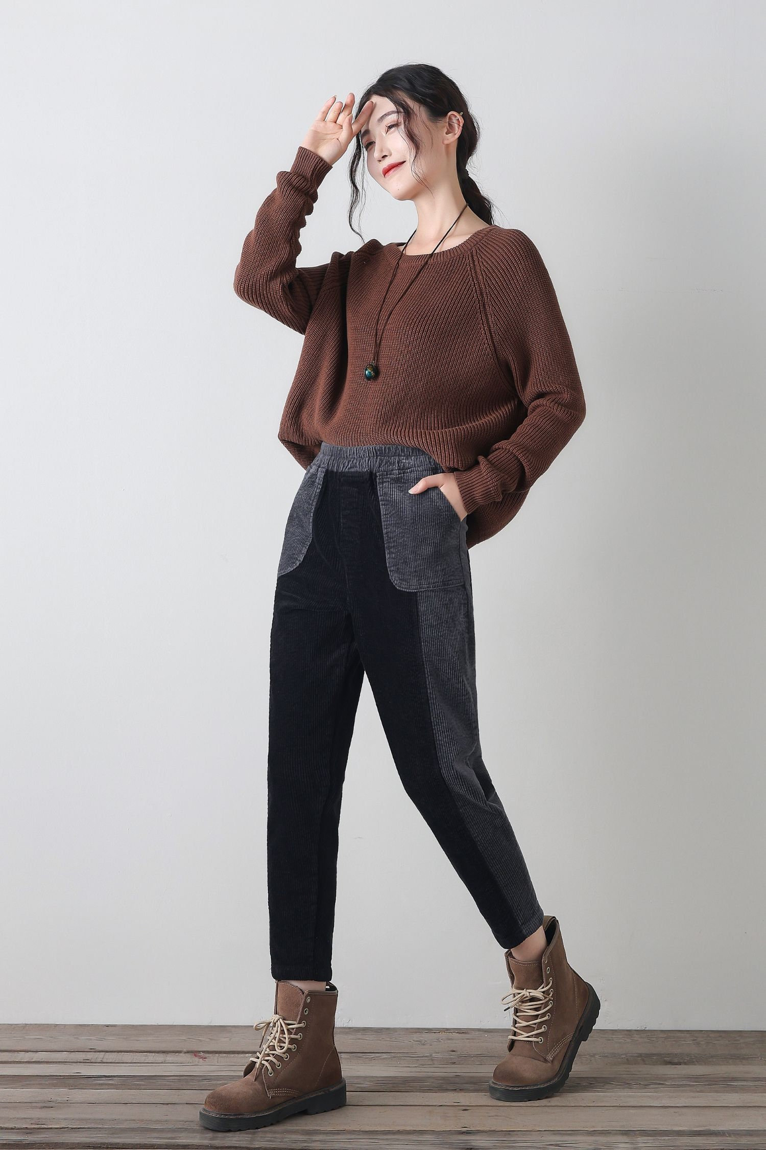 Women's patchwork corduroy tapered trousers
