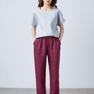 Women's stretch waist linen capri pants