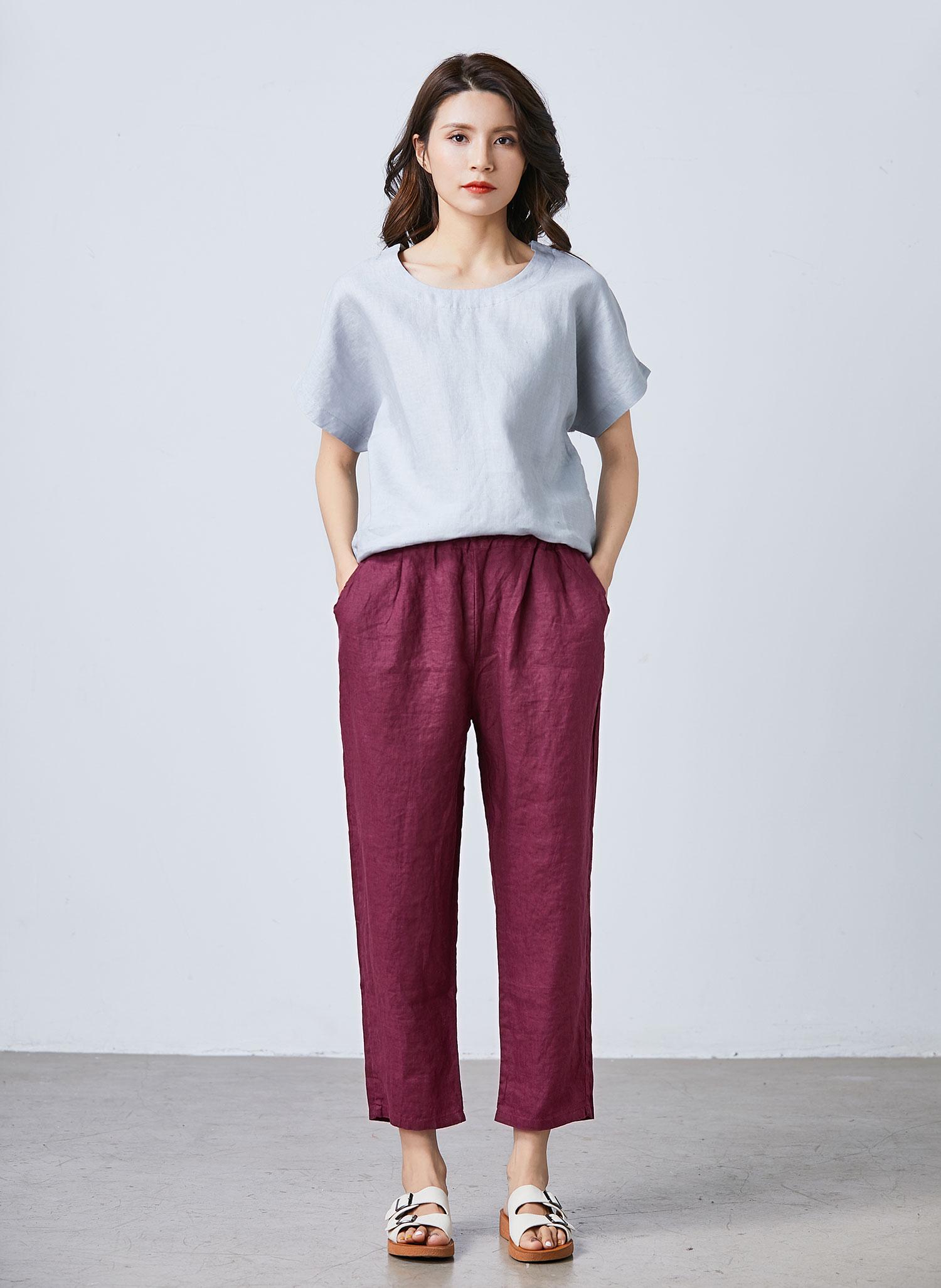 Women's stretch waist linen capri pants