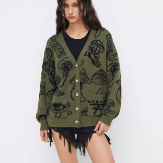 Olive green jacquard V-neck cardigan