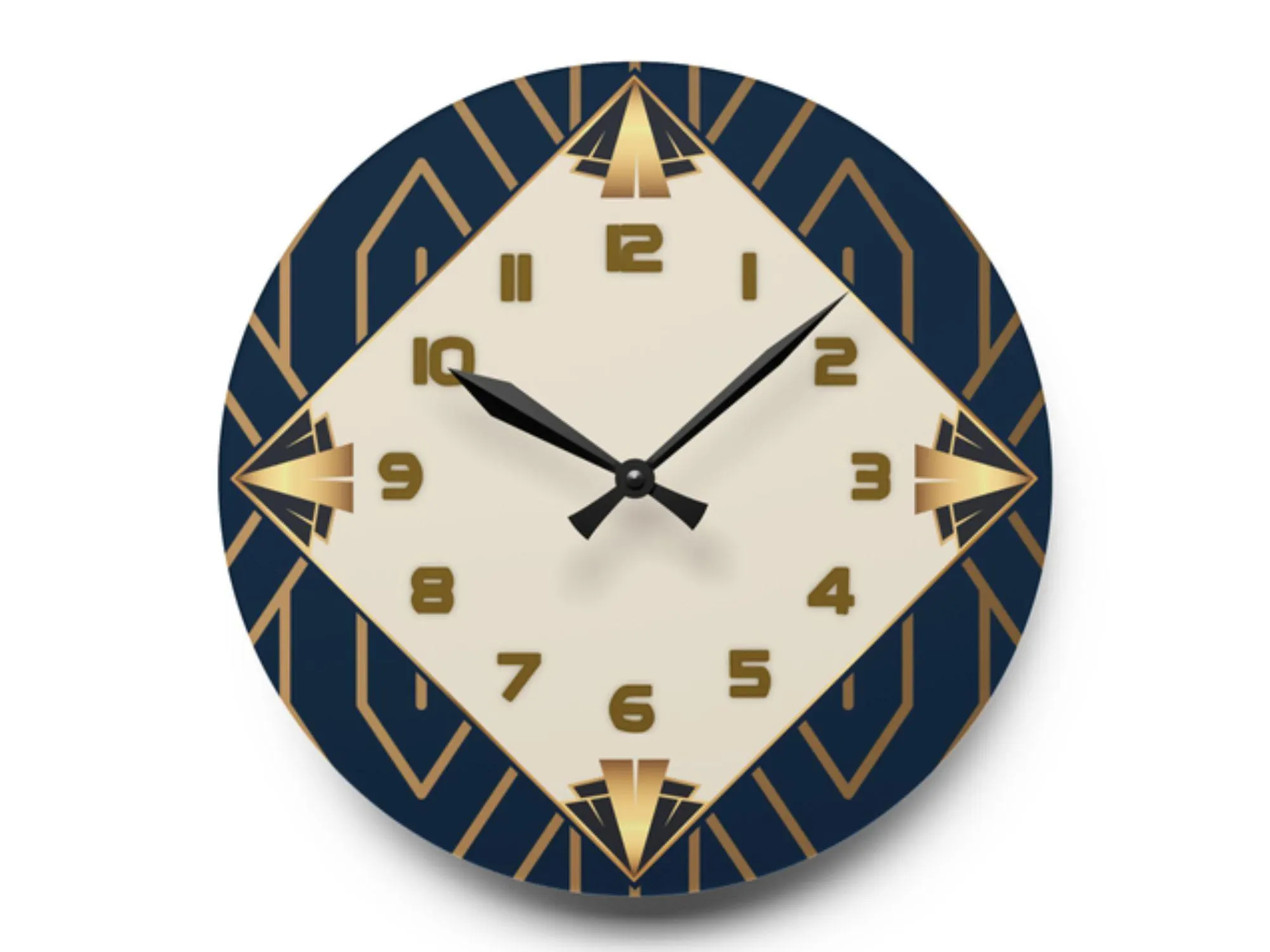 Round clock with gold fan-shaped decoration