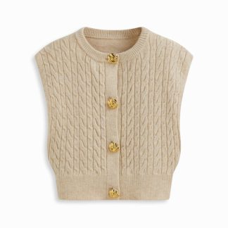 Oatmeal-colored cable knit button vest